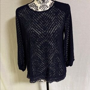 Eclair Elegant Navy Chiffon Sheer Lace Women's Blouse with a chevron pattern XS